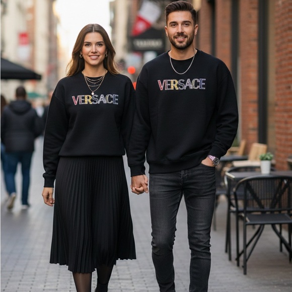 Versace Black Crewneck Sweater with Multicolor Logo - Picture 2 of 5